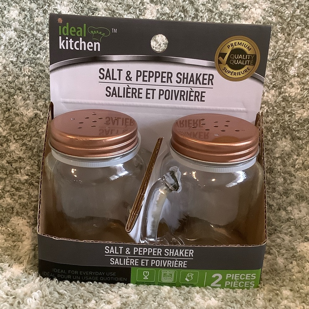 Copper & Glass Mason Jar Mini Salt & Pepper Shaker Set NWT Ideal Kitchen